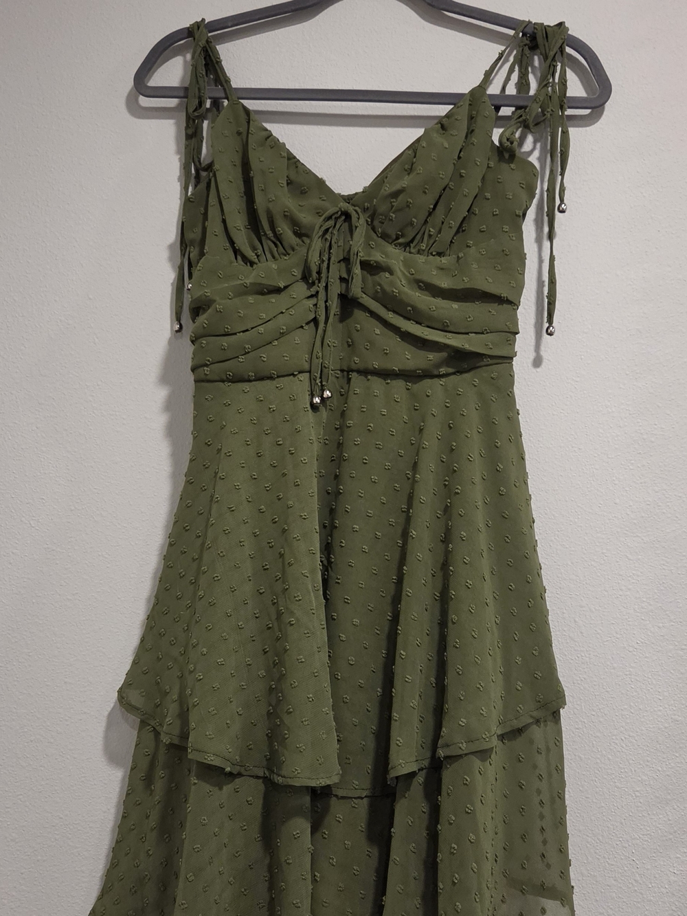 SHEIN MOD Swiss Dot Tie Shoulder Ruched Cami Green Ruffle Short Dress Small NWT